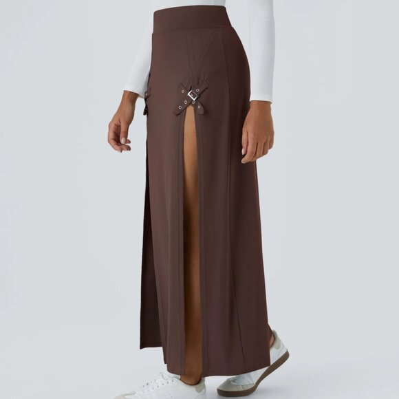 HALARA High Waist 2 In 1 Split Brown Maxi Skort Skirt Buckle Size Large NWT - Picture 4 of 7